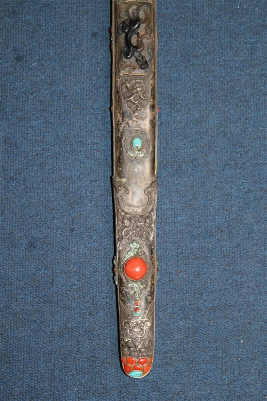 A Chinese jadeite, coral and hardstone mounted silver sword, early 20th century, total length 90cm.